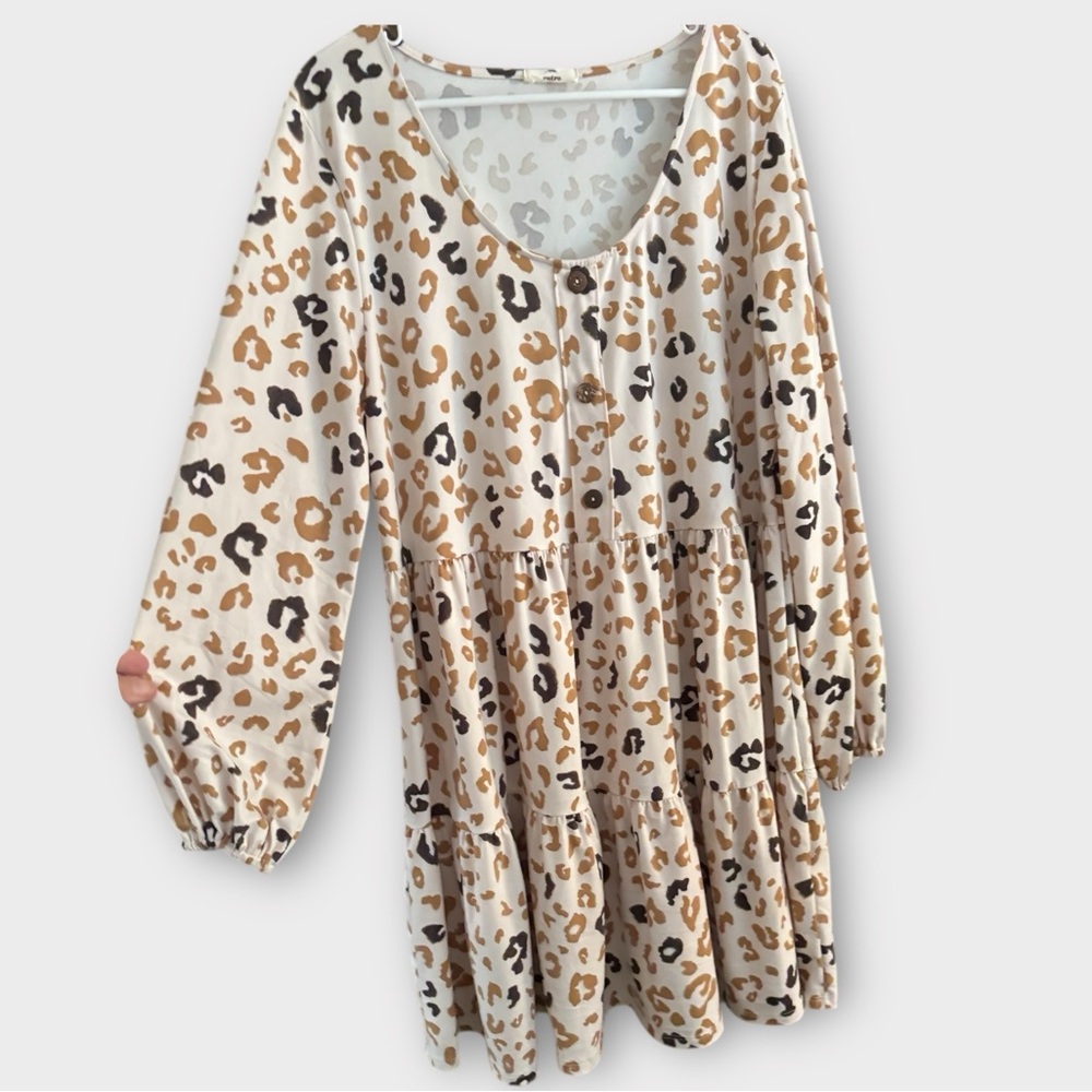 Entro Ivory Leopard Tiered Ruffle Long Sleeve Babydoll Flounce  Dress  Size XL